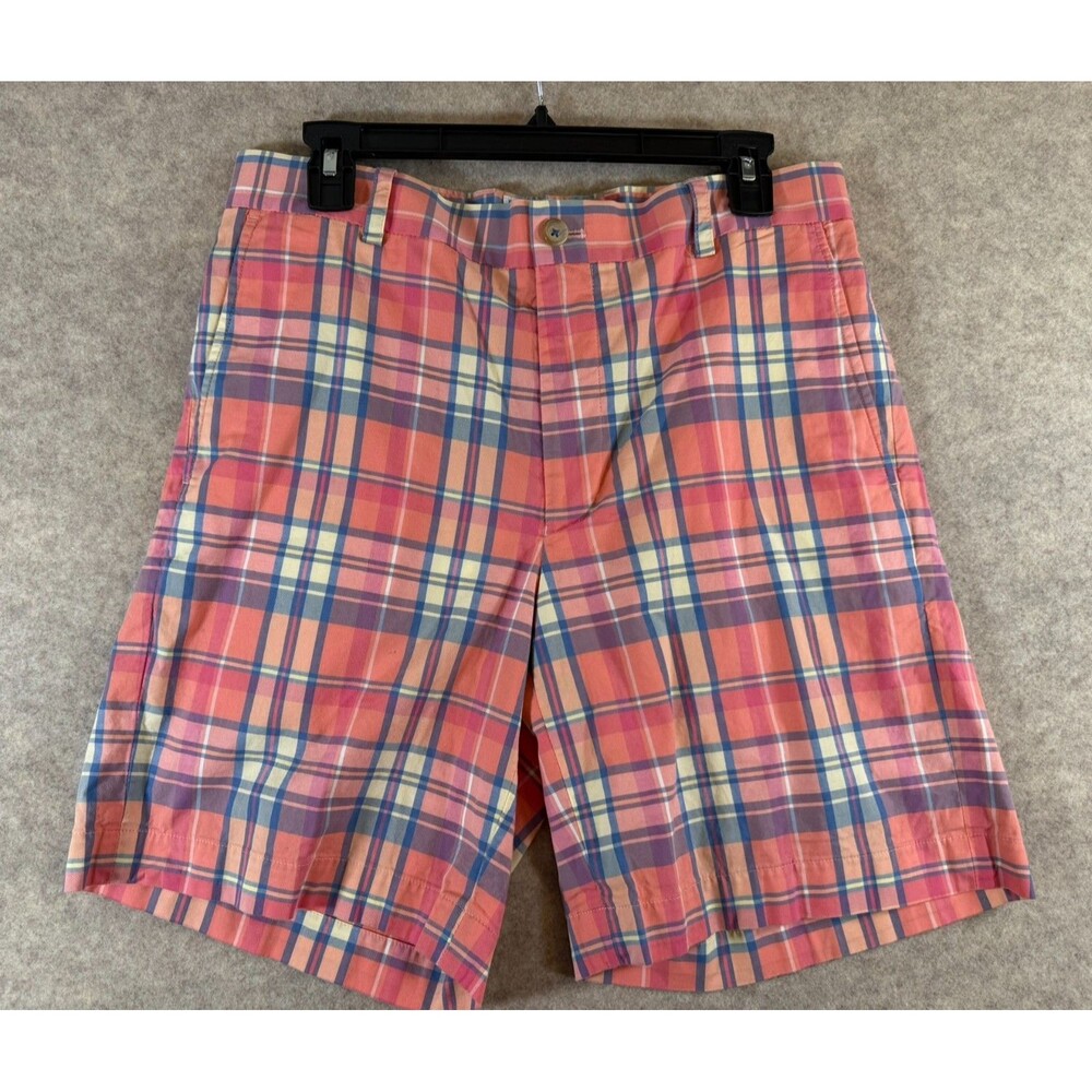Southern Tide Men's 32 The Skipjack Plaid Chino Shorts Coral Blue Flat Front